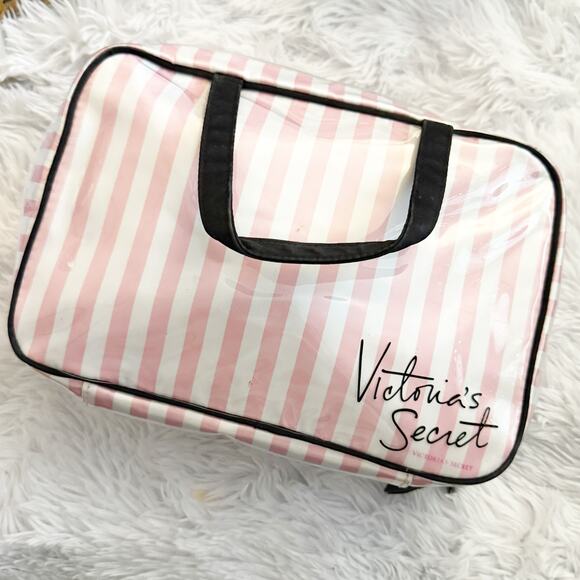 VICTORIA' S SECRET | Vintage White Pink Striped Cosmetic Case Travel Bag Zipper - Picture 2 of 9